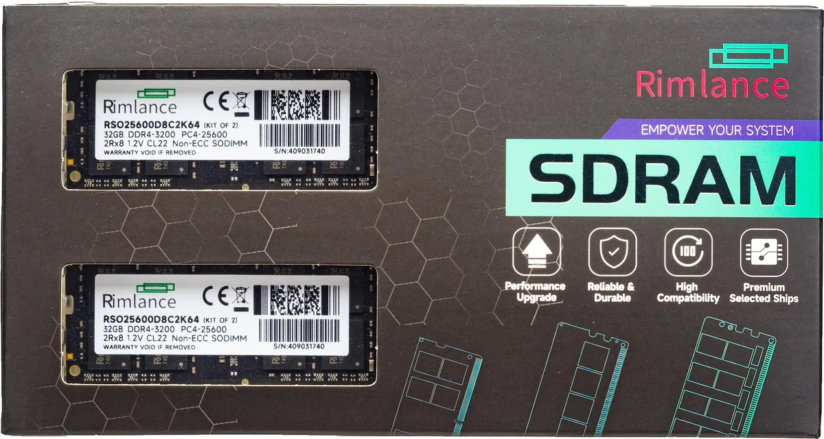 RIMLANCE RIMLANCE RSO25600D8C2K64 64GB (2x32GB) DDR4 3200MHz 1.2V SODIMM 2RX8 — ภาพสินค้า