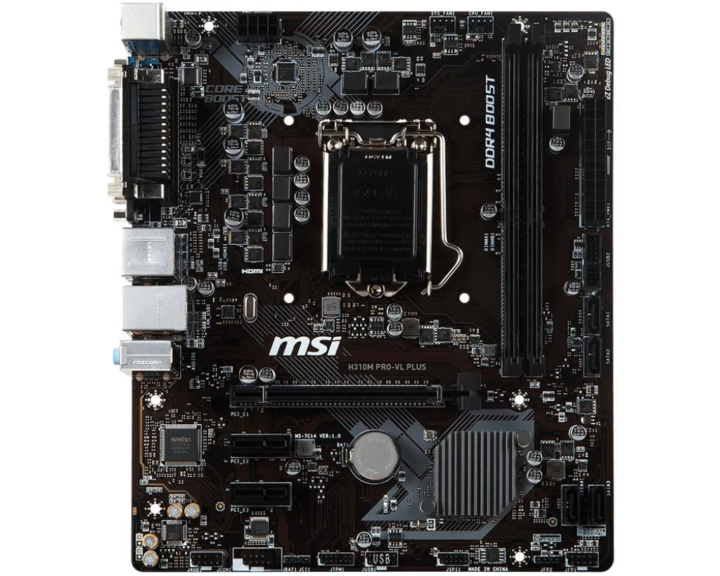 Green Micro-ATX board with black slots and silver heatsink