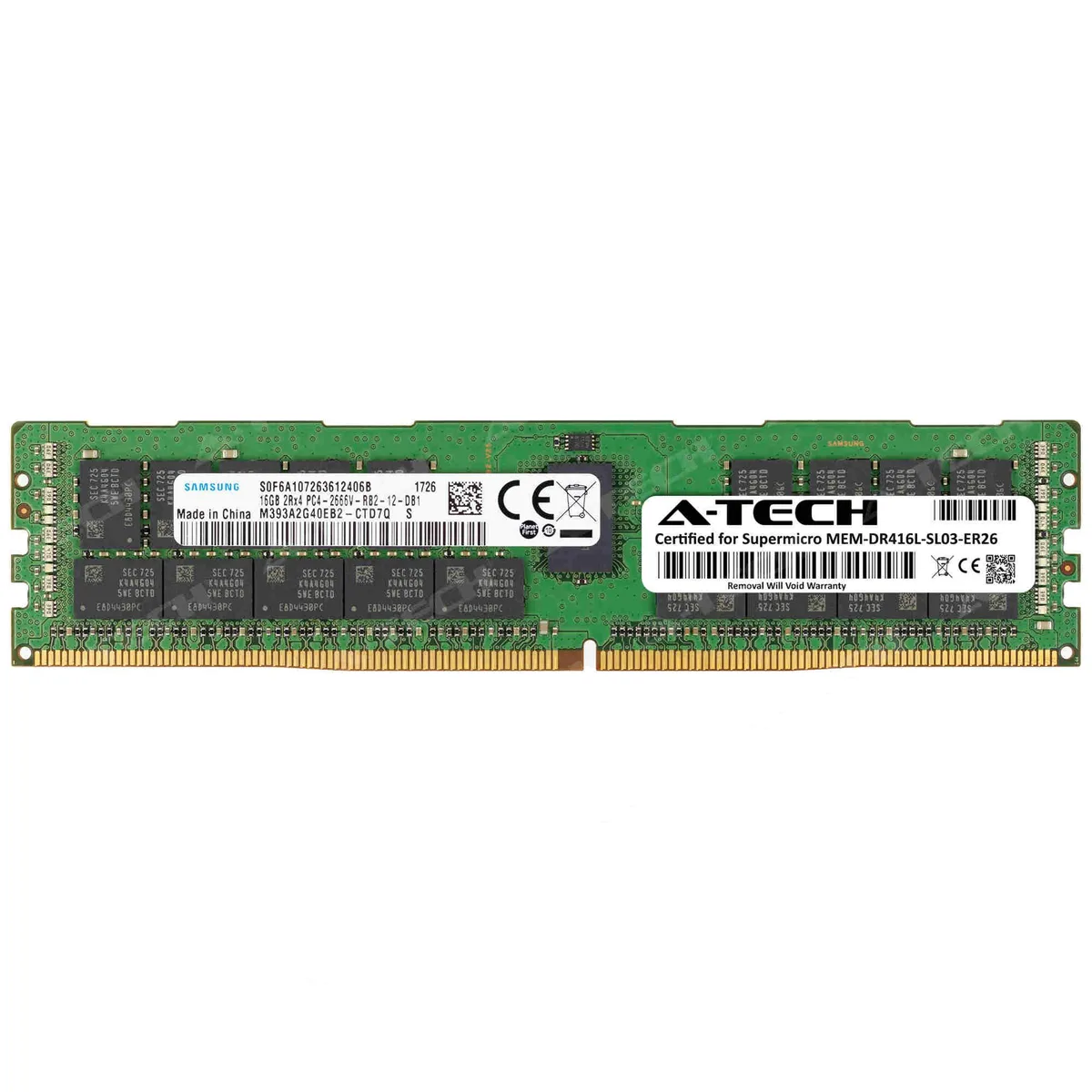 Green printed circuit board with black memory chips and gold edge connectors