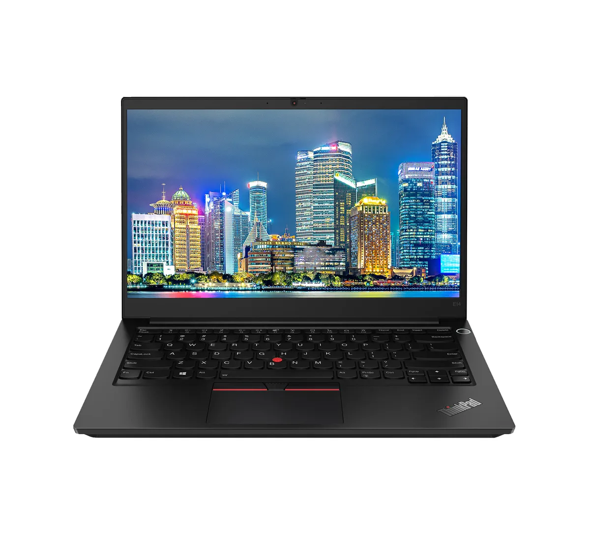 Black ThinkPad E14 Gen 2 laptop, thin light chassis, 14 inch matte display, backlit keyboard, privacy shutter webcam