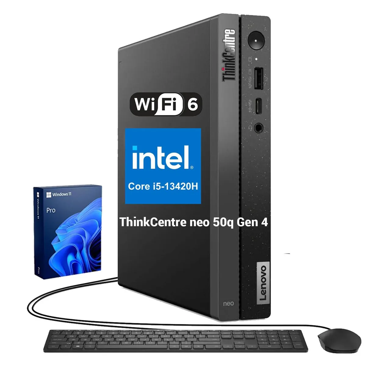 Small black desktop tower with wired keyboard and mouse