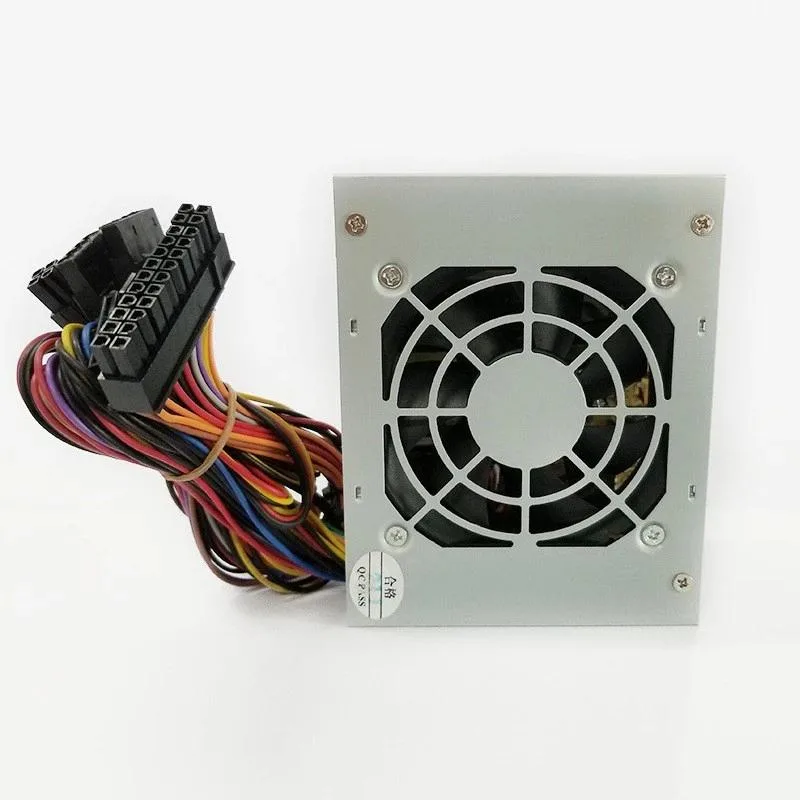 Rectangular ATX power supply unit with matte black metal casing and rear fan grille