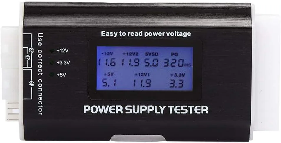 Compact rectangular ATX power supply tester with LCD screen, silver aluminium alloy finish, 20 and 24 pin connectors plus SATA and 4