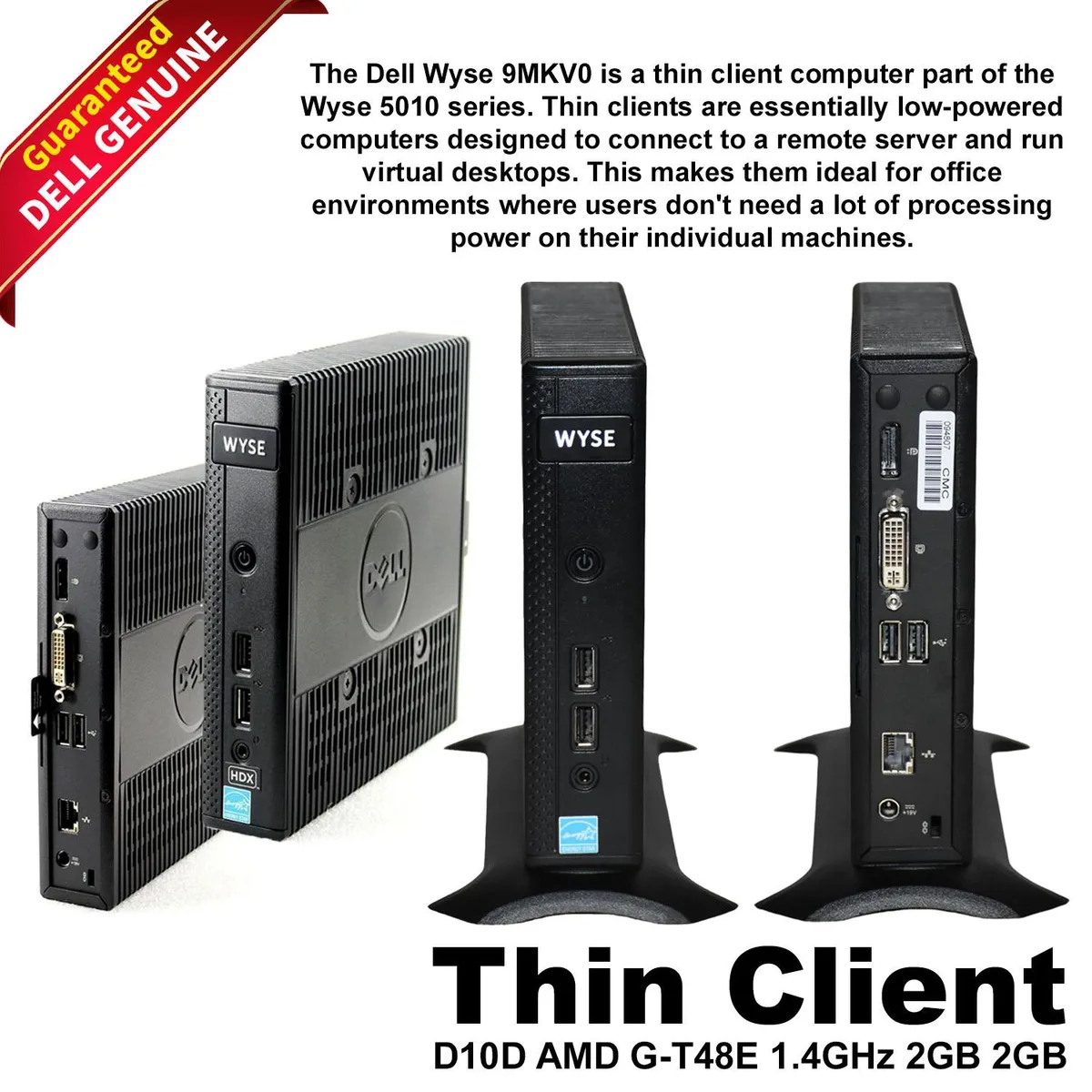 Compact rectangular thin client, matte black finish, small footprint