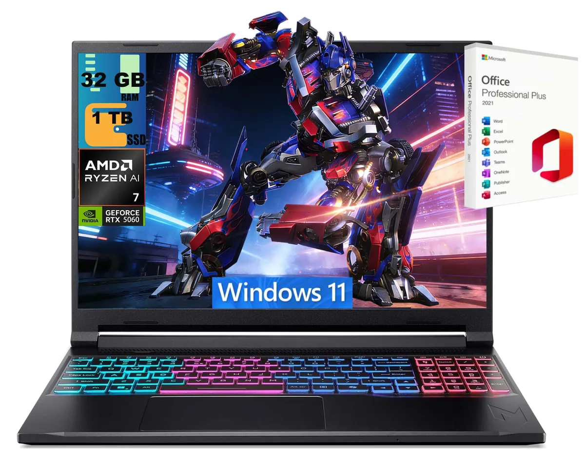Black 16-inch gaming laptop with matte finish and RGB backlit keyboard