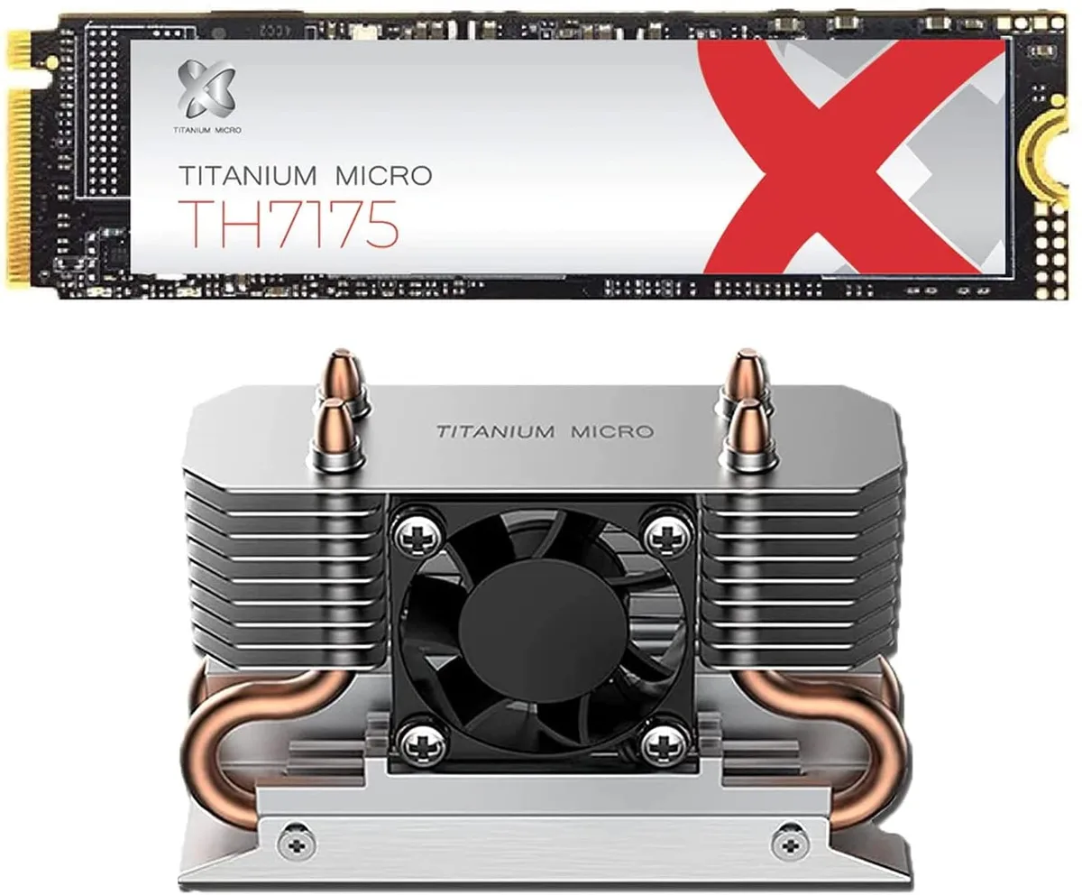 M.2 2280 SSD with black heatsink and 30mm fan