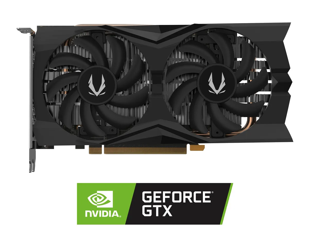 Black dual-slot graphics card with two fans, compact rectangular shape, PCIe connector visible