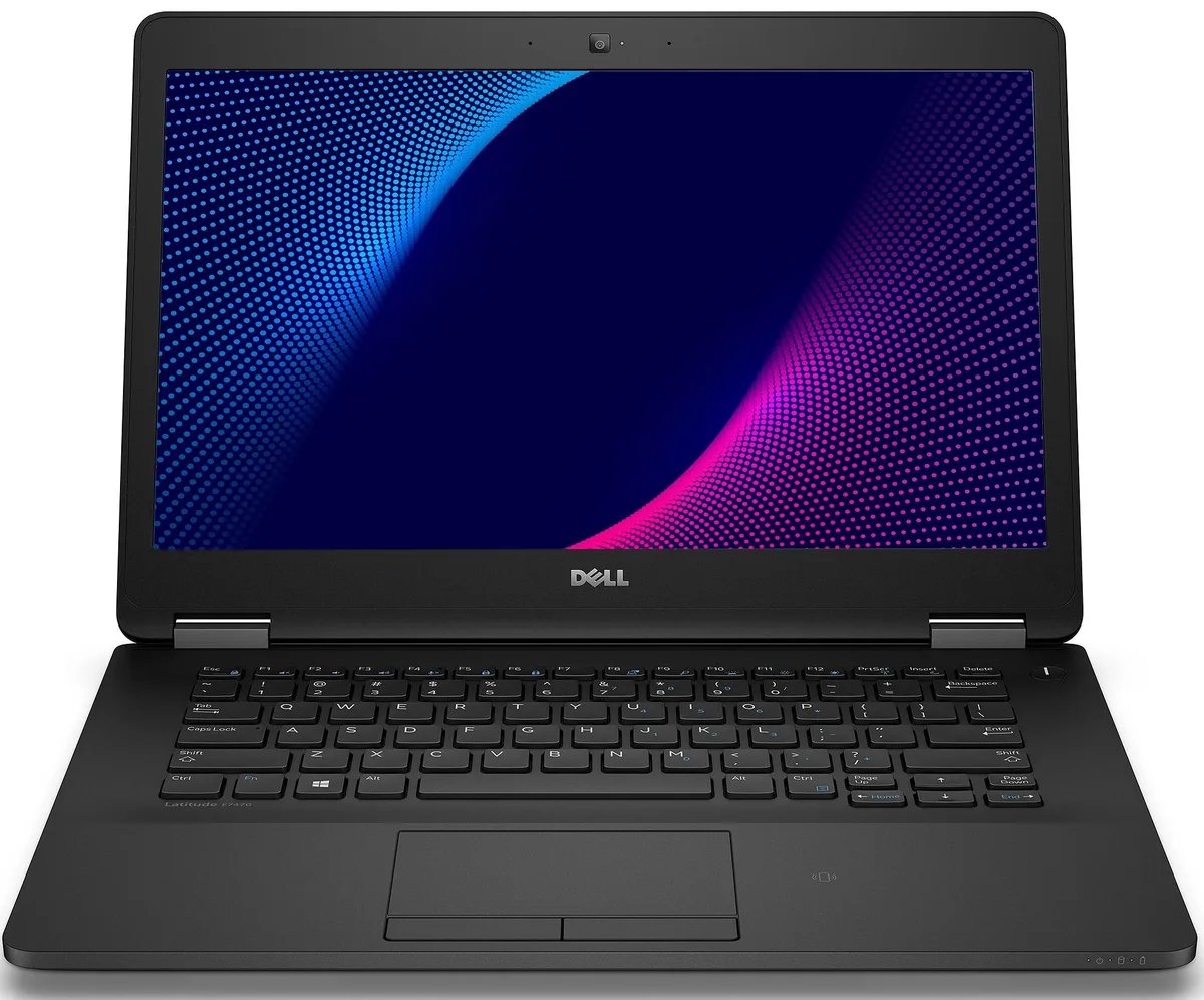 Black 14-inch Dell Latitude E7470 laptop with matte screen and backlit keyboard