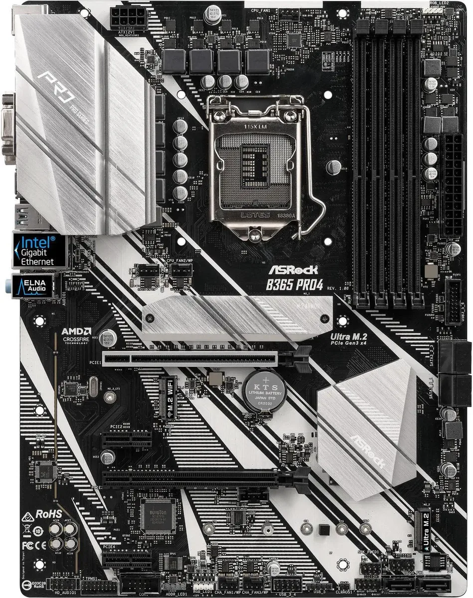 ATX motherboard in matte black with silver heatsinks and blue accents