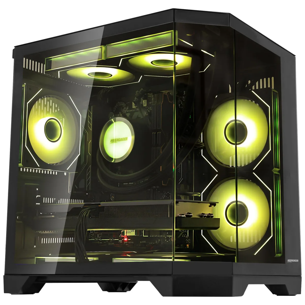 Black mid-tower gaming desktop with 240 mm liquid cooler and RGB lighting