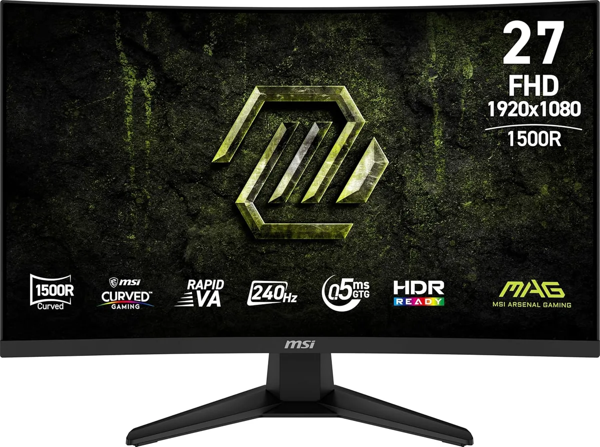 Black 27 inch curved gaming monitor with thin bezels and a tilt adjustable stand
