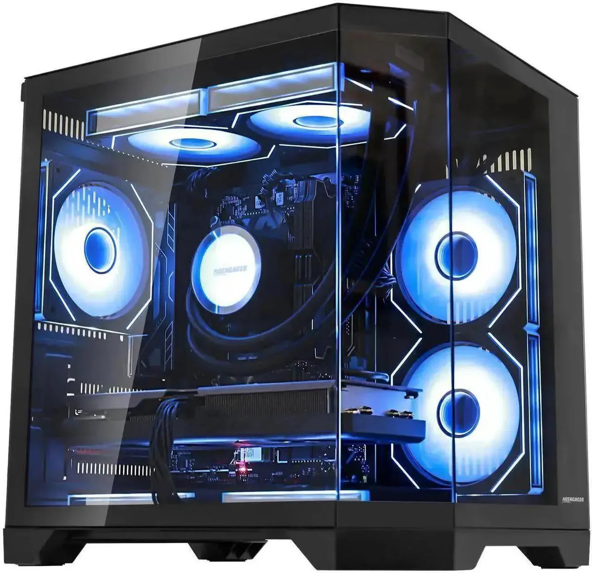 Black mid-tower gaming desktop with 240mm RGB liquid cooler visible through side panel