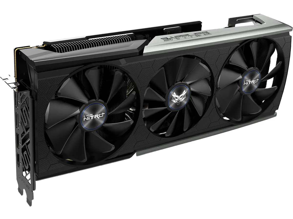 Silver triple-fan graphics card with black accents and dual HDMI ports