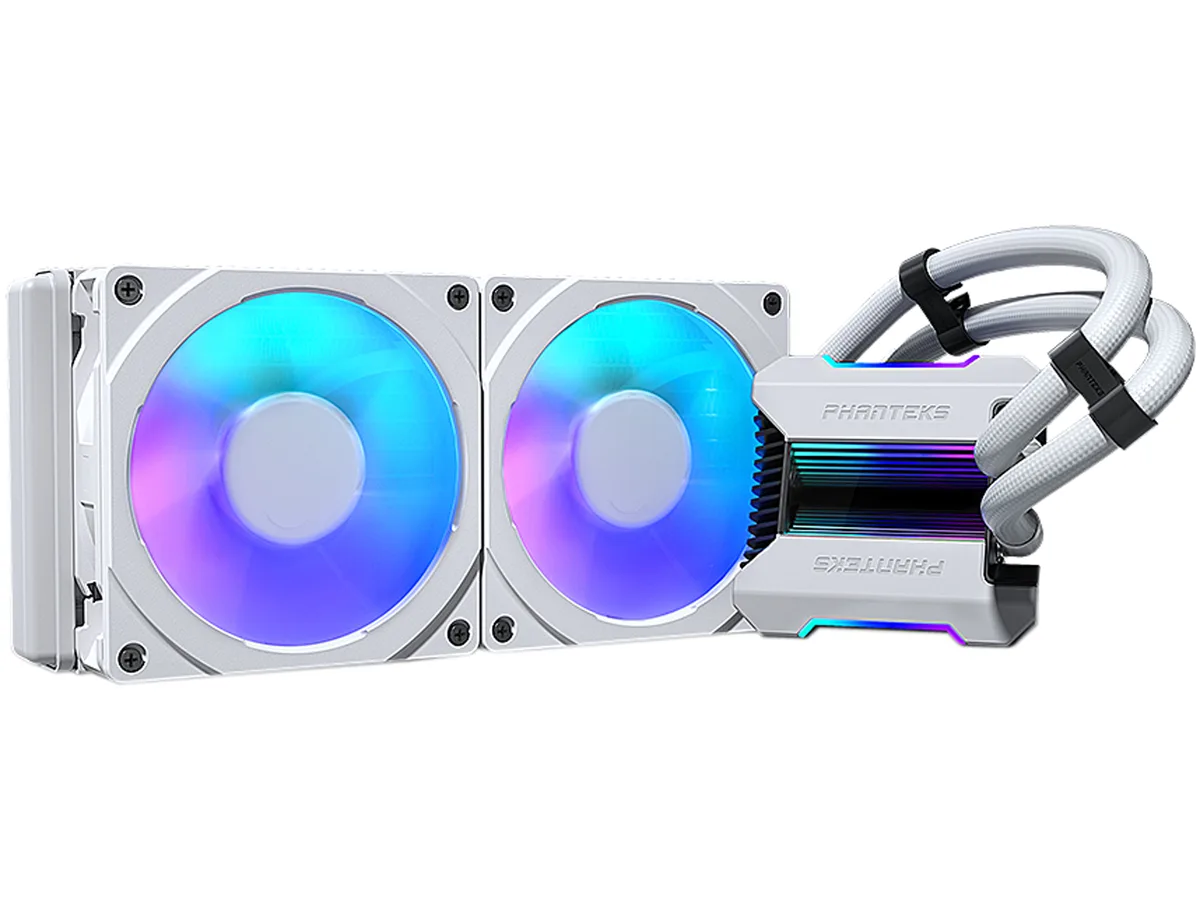 White 240 mm AIO liquid cooler with infinity mirror pump cap and dual 120 mm fans with RGB halos