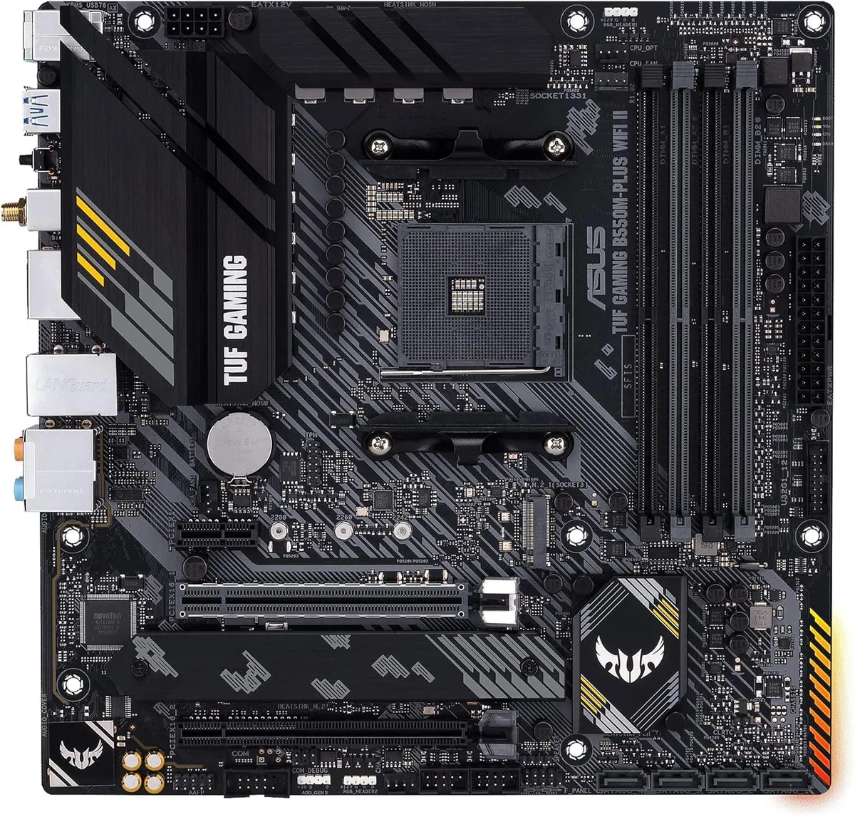 ASUS TUF Gaming B550M-Plus WiFi II MicroATX motherboard, dark PCB with grey heatsinks