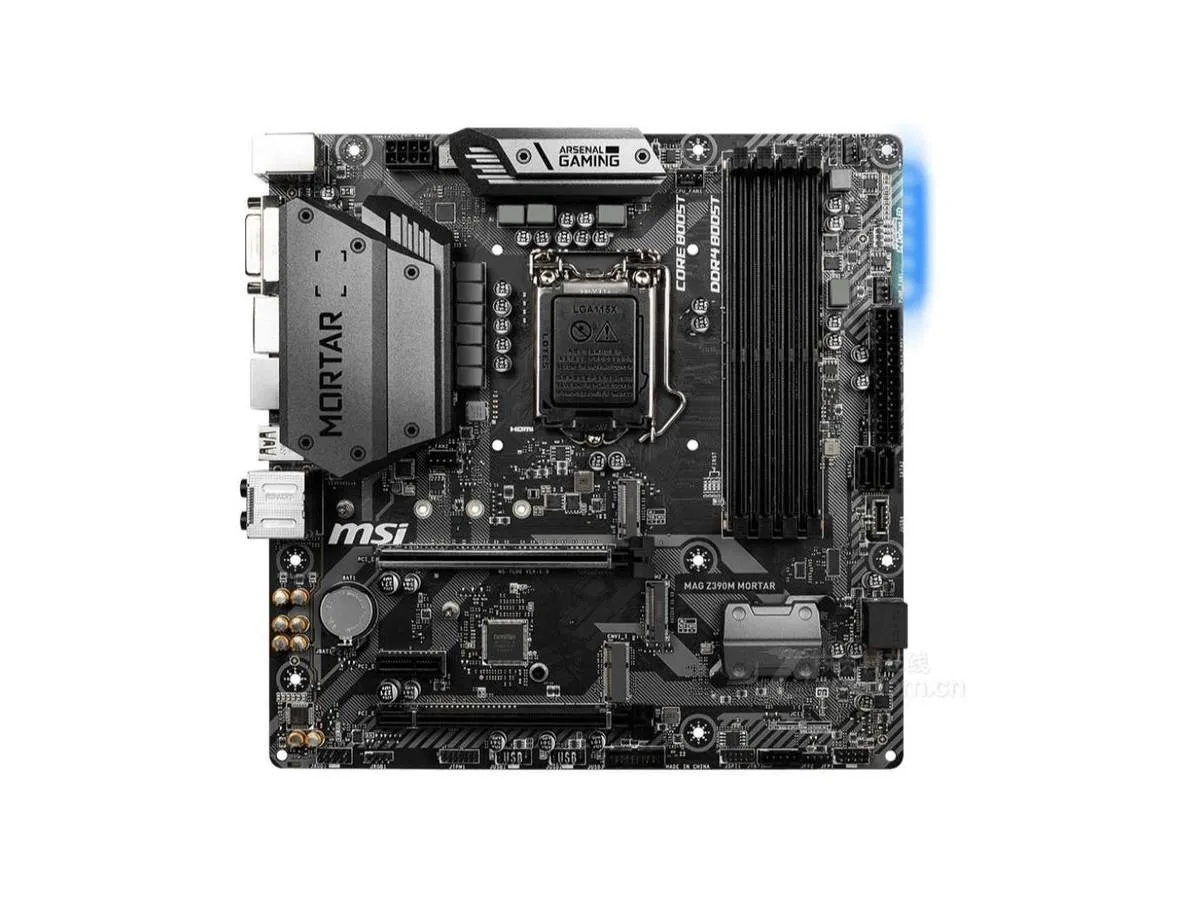 MSI MAG Z390M MORTAR micro-ATX motherboard in black with silver heatsinks