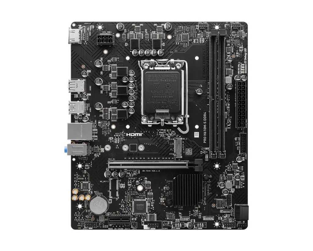 Micro-ATX motherboard, matte black PCB, silver heatsinks, LGA 1700 socket, two DDR4 slots, single PCIe x16 slot, HDMI port