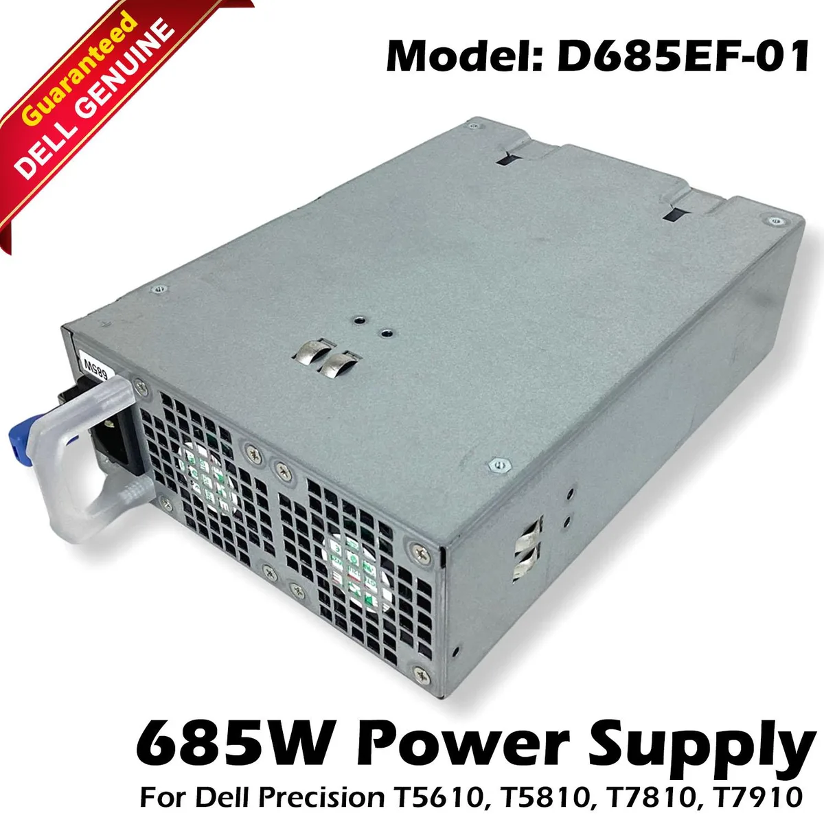 Silver rectangular PSU with Dell label and rear fan grille