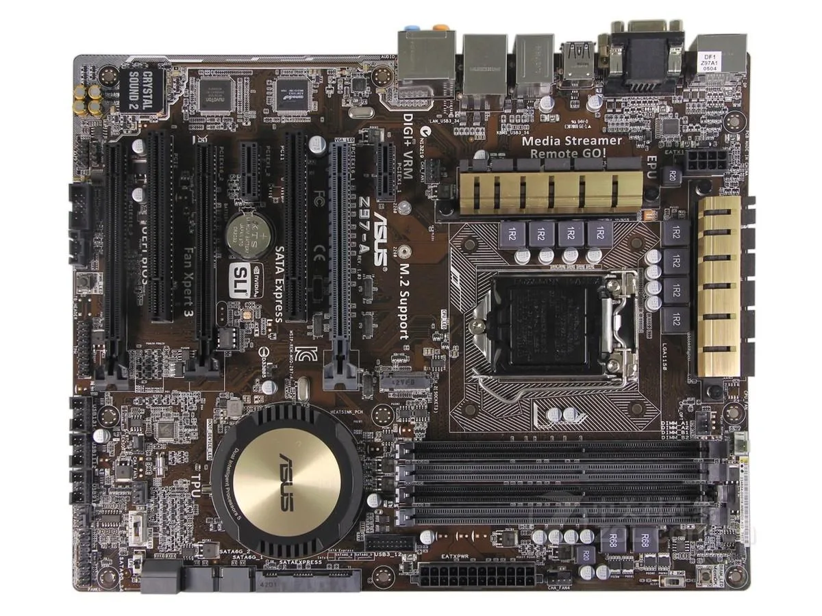 ATX motherboard with silver heatsinks and black PCB