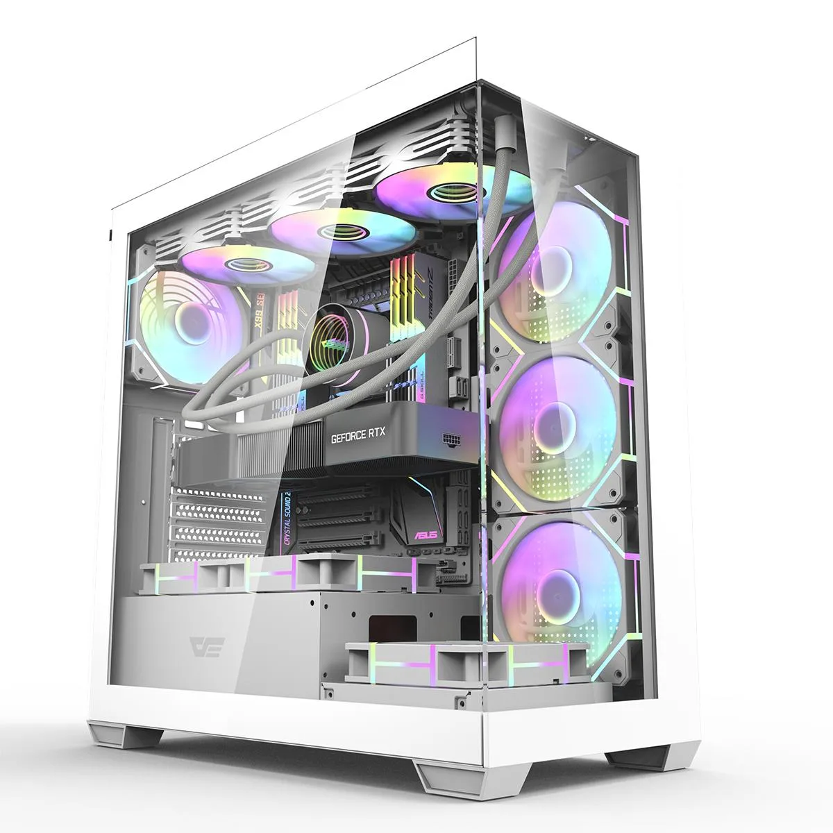 White ATX mid-tower case with 270-degree dual tempered glass panels and four ARGB fans visible