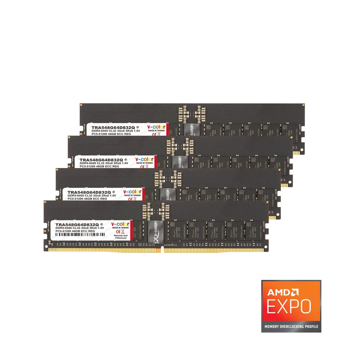 Four silver DDR5 RDIMM modules with black heat spreaders and gold contacts