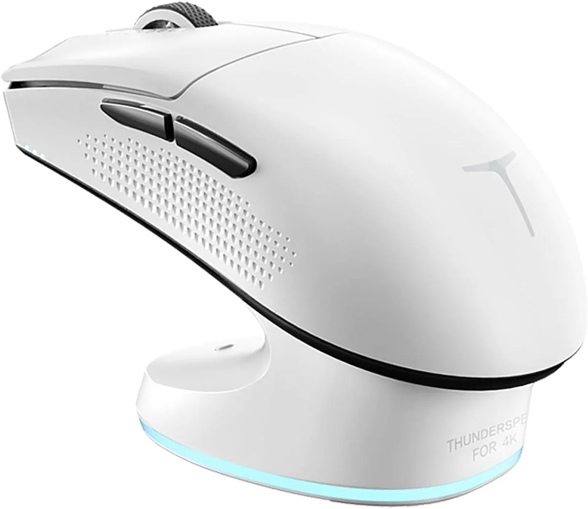 White wireless gaming mouse with ergonomic shape and RGB charging dock