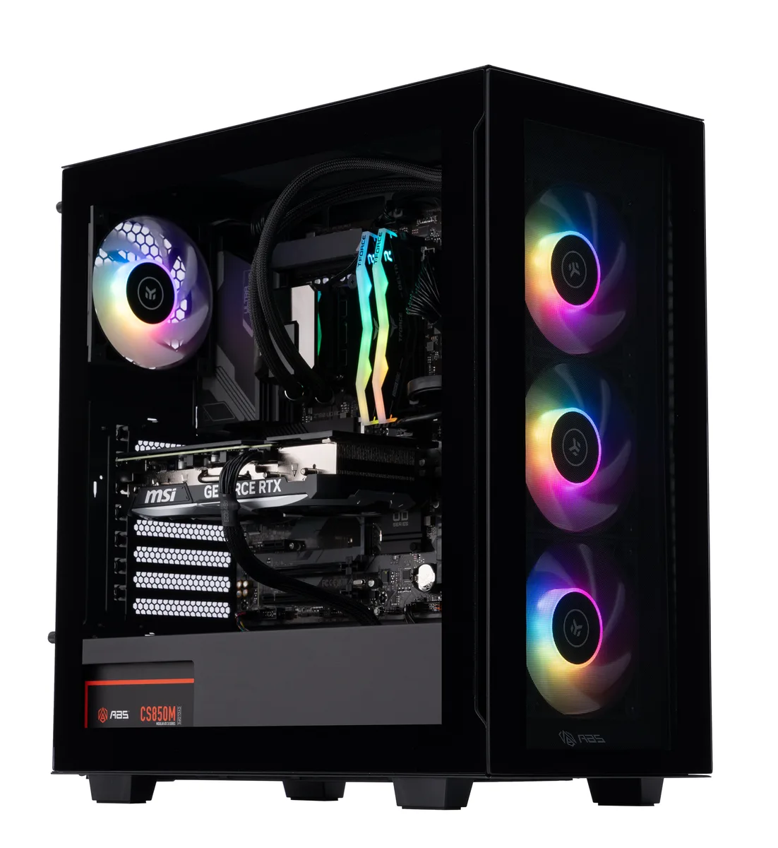 Black mid-tower gaming desktop with RGB-lit liquid cooling and tempered-glass side panel