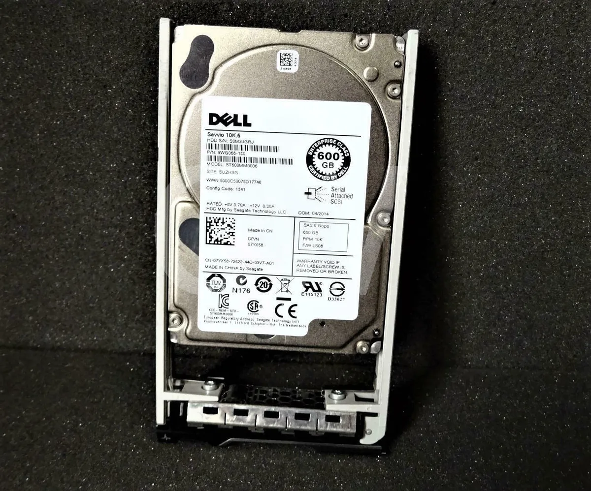 Silver 2.5 inch SAS hard drive in black plastic R-series mounting tray
