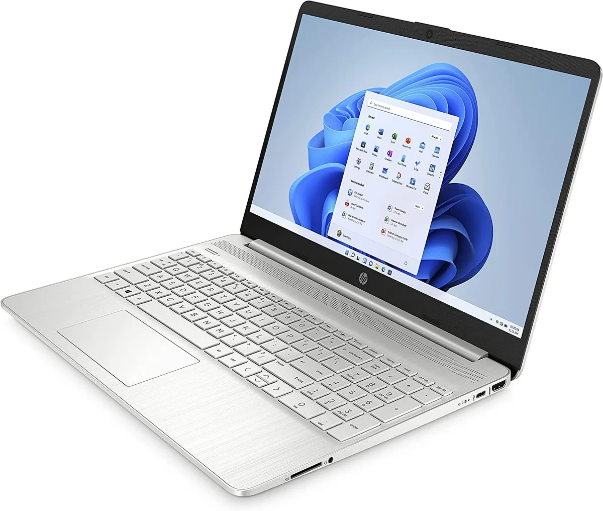 Silver HP 15 laptop with 15.6 inch HD micro-edge display, thin bezels, 720p webcam, full-size keyboard and trackpad