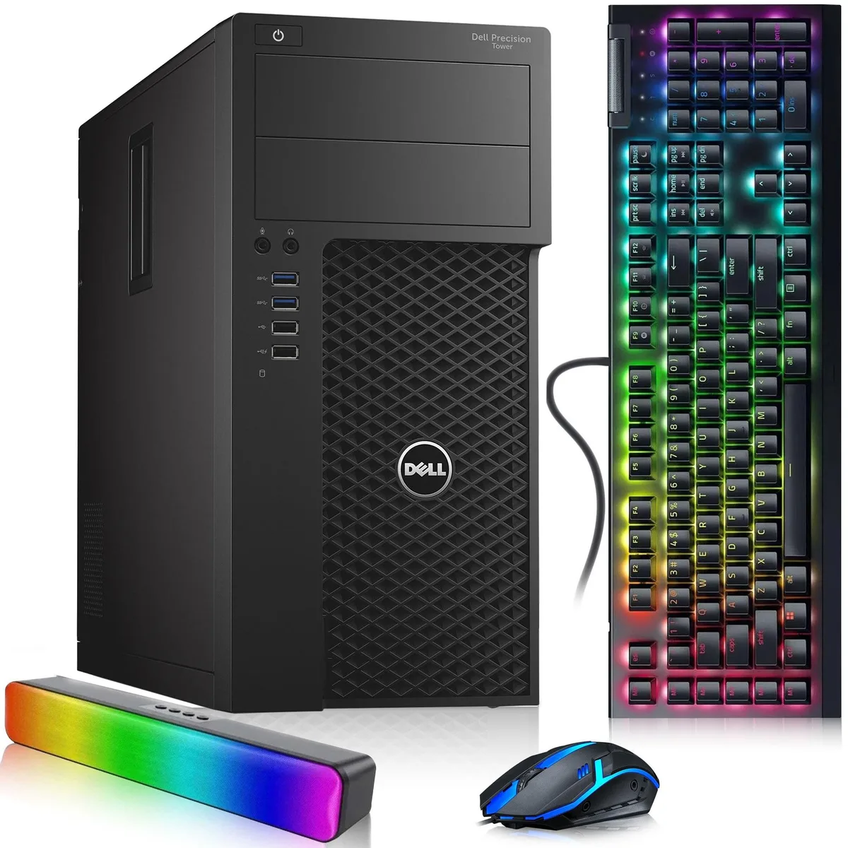 Black Dell Precision 3620 tower desktop with RGB keyboard, mouse and sound bar