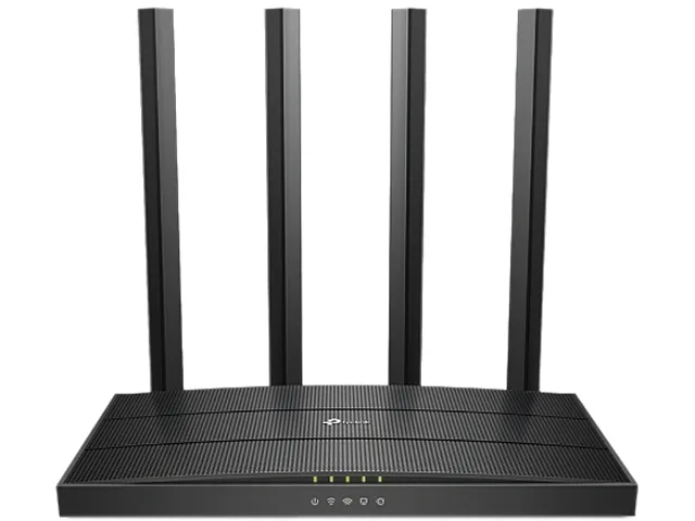Black rectangular router with four fixed antennas lying flat on a surface