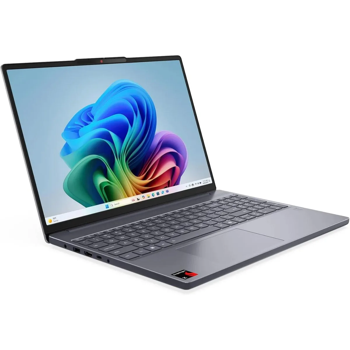 Silver-grey 15.3 inch touchscreen laptop, slim clamshell, fingerprint reader, backlit keyboard
