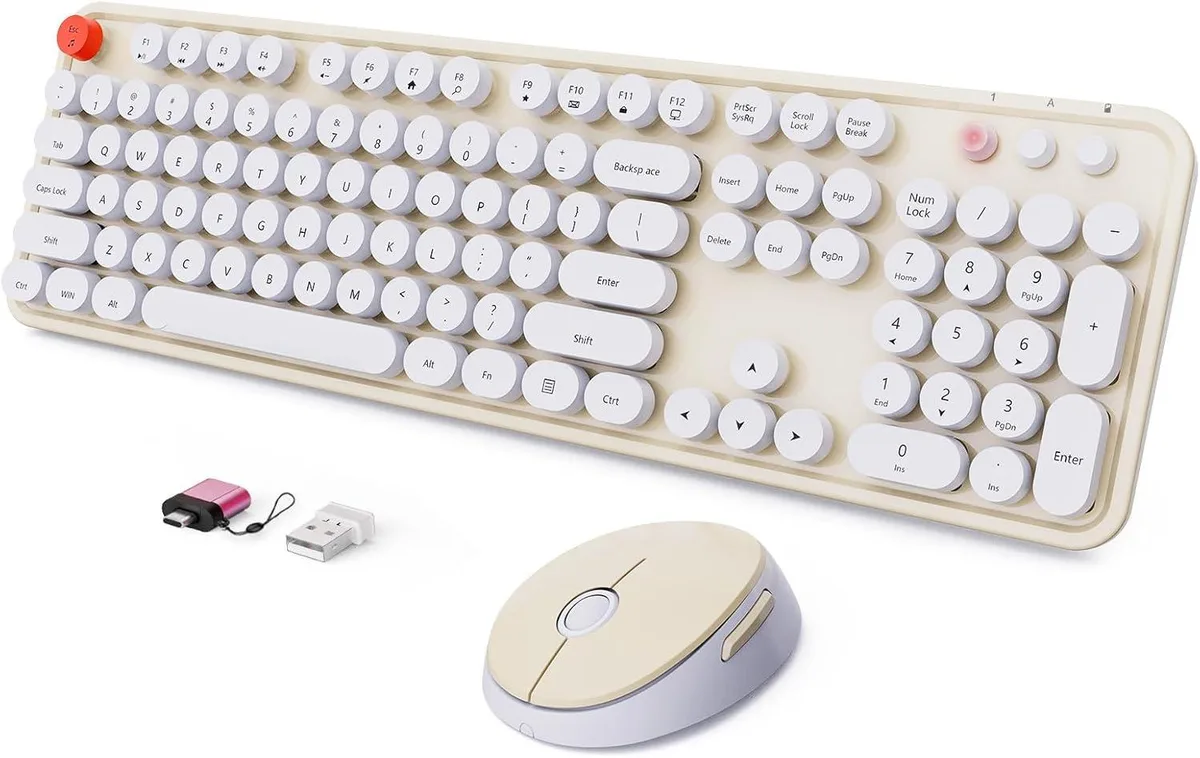 Beige wireless keyboard and mouse combo with round retro keycaps and pebble-shaped mouse