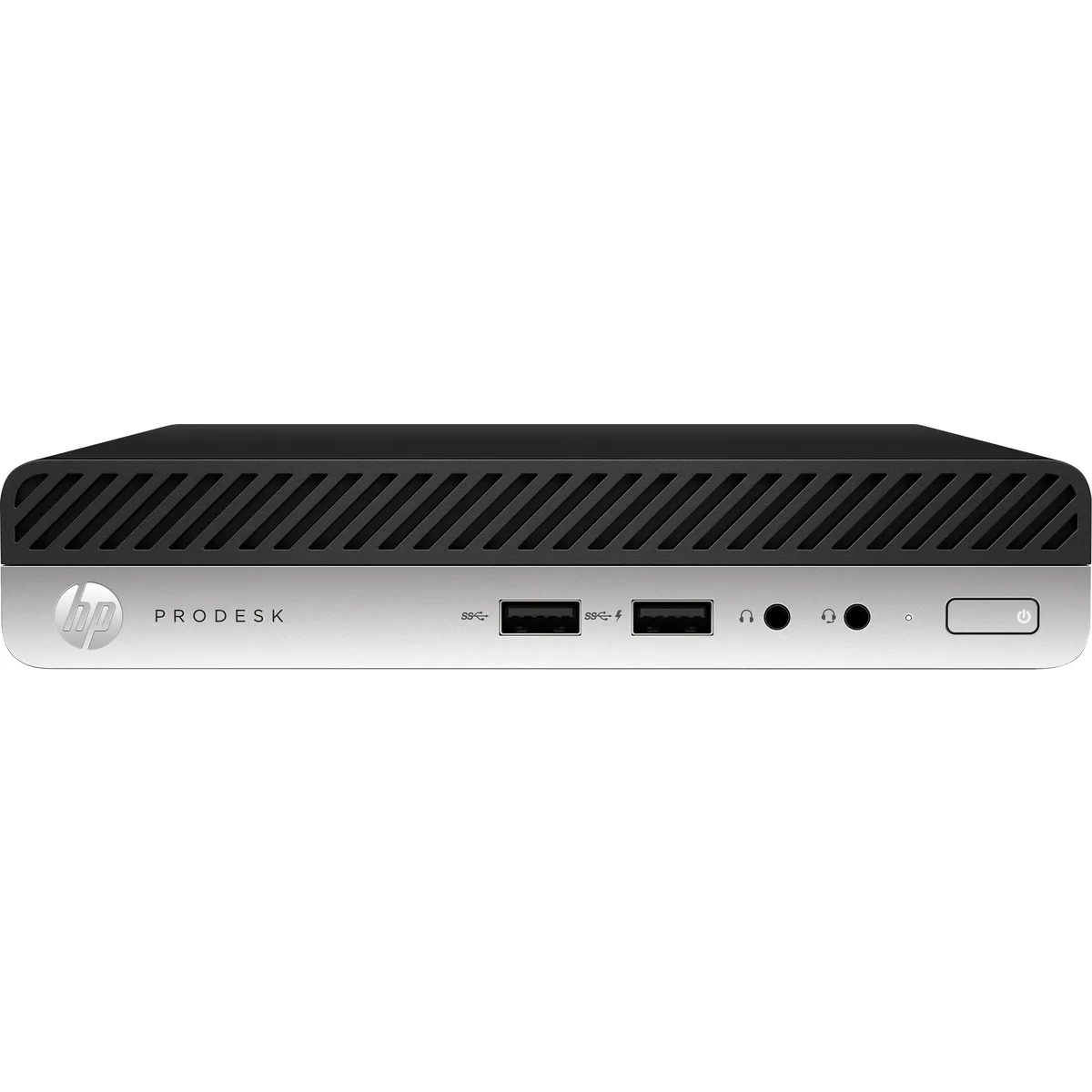 Small black desktop mini tower on a plain background