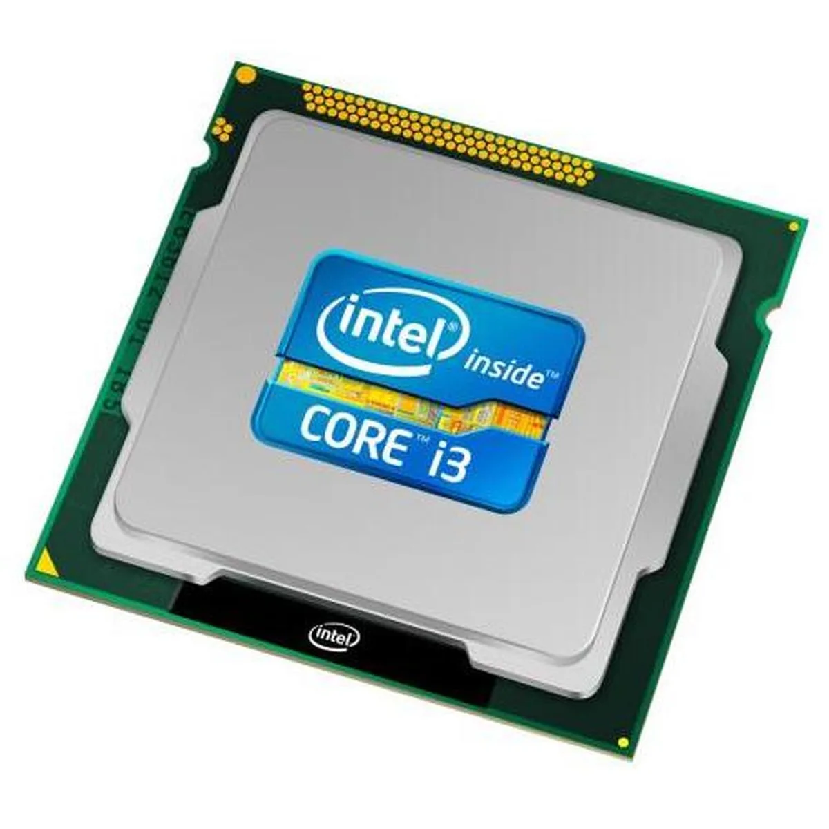 Square green circuit board with gold contacts and silver metal heat spreader marked Core i3-6300