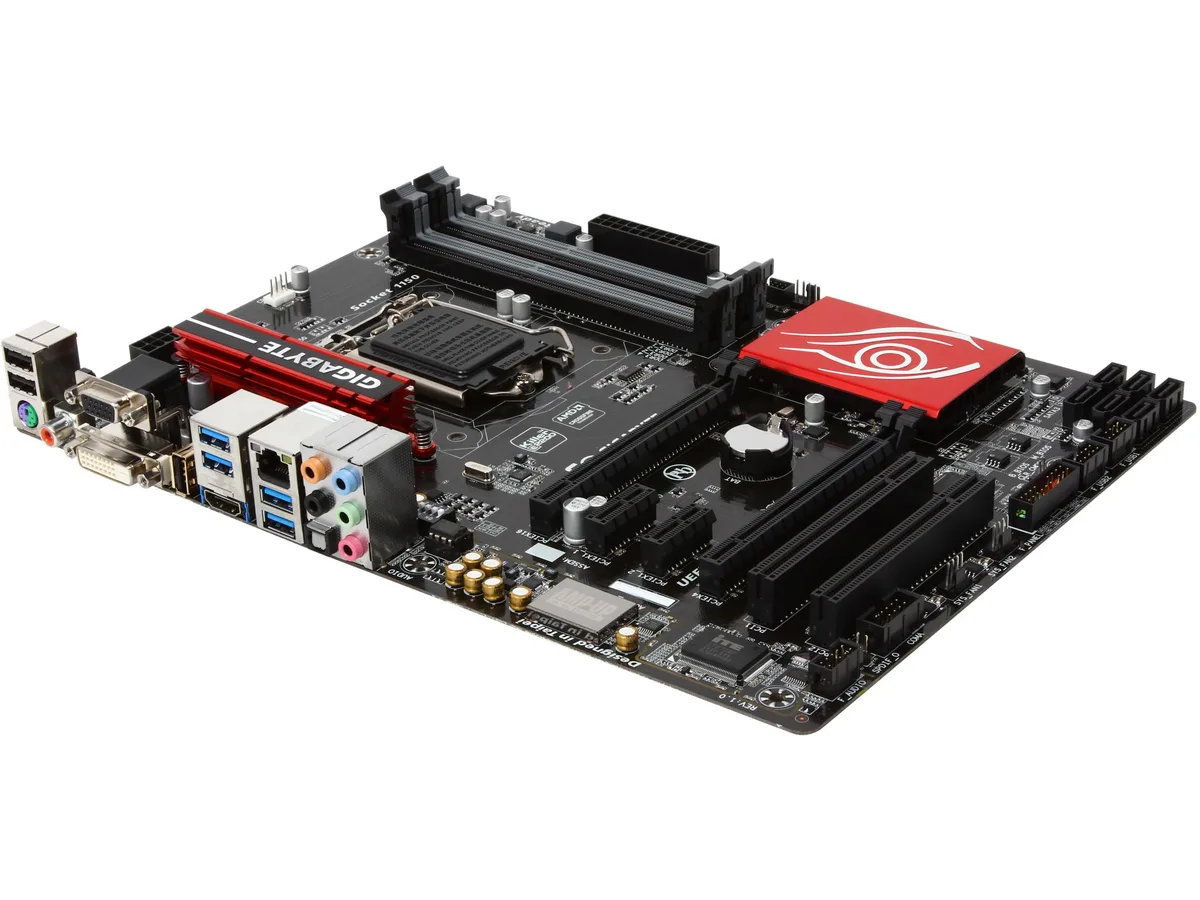 Black ATX motherboard with silver heatsinks and red accents