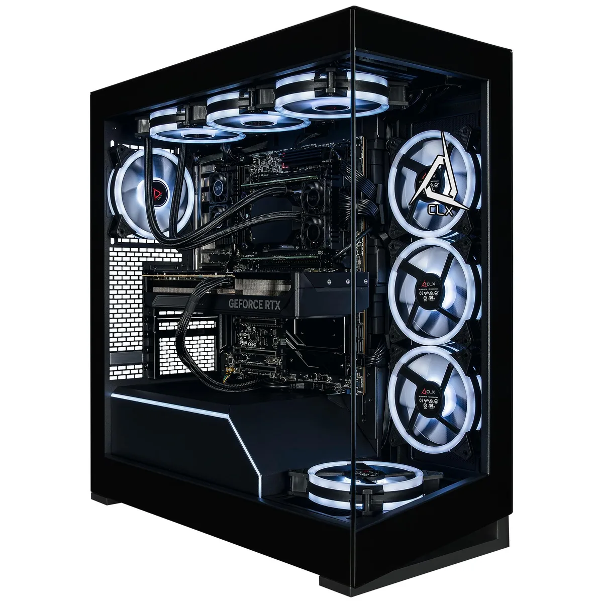 Black mid-tower desktop PC with liquid cooling visible inside