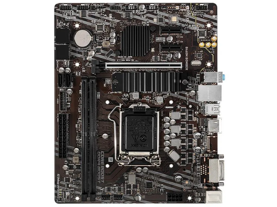Green Micro ATX motherboard with black heatsinks and silver CPU socket