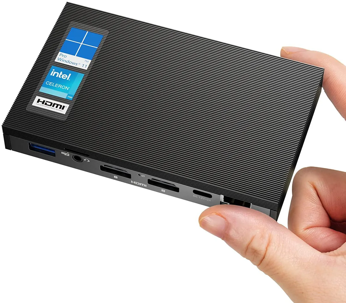Small silver rectangular mini desktop computer, palm-sized, fanless design, smooth matte finish, compact form factor