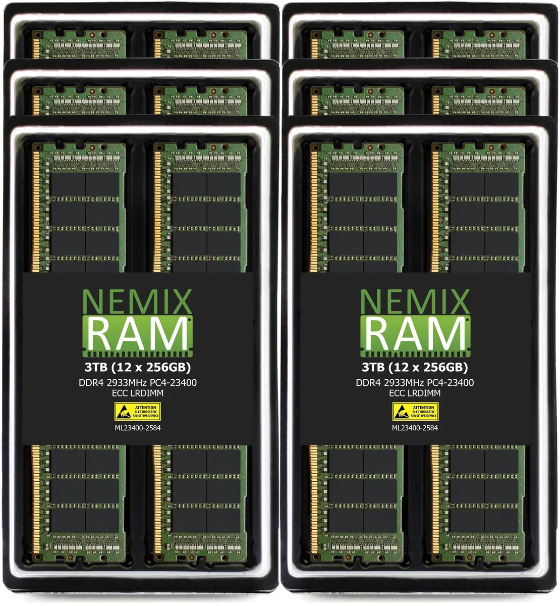 Twelve green DDR4 LRDIMM modules with gold contacts and black heat spreaders