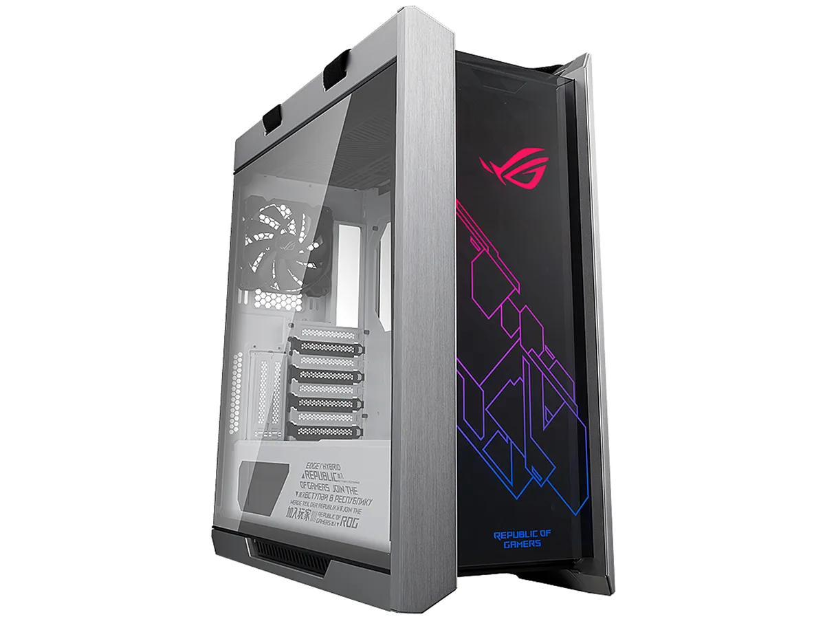 White mid-tower case with brushed aluminum frame, three tempered glass panels and fabric carry handles