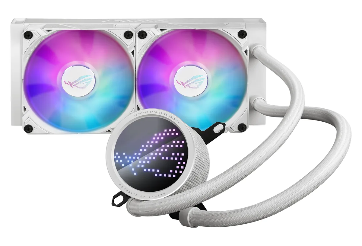 White AIO liquid cooler with 240 mm radiator, two 120 mm ARGB fans, square CPU block with LED matrix display, sleeved tubing