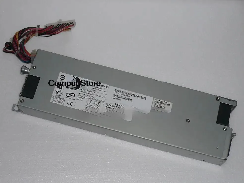 Rectangular silver server power supply unit with rear exhaust grille and power connector