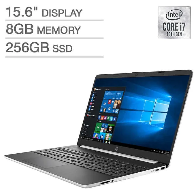 Silver 15.6 inch laptop with thin bezels and full size keyboard