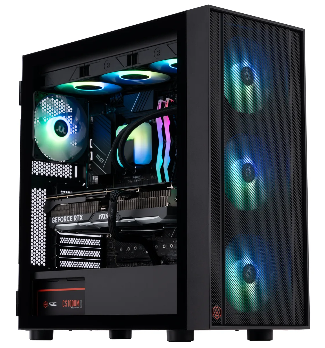 Black mid-tower gaming PC with glass side panel showing RGB memory and liquid cooler