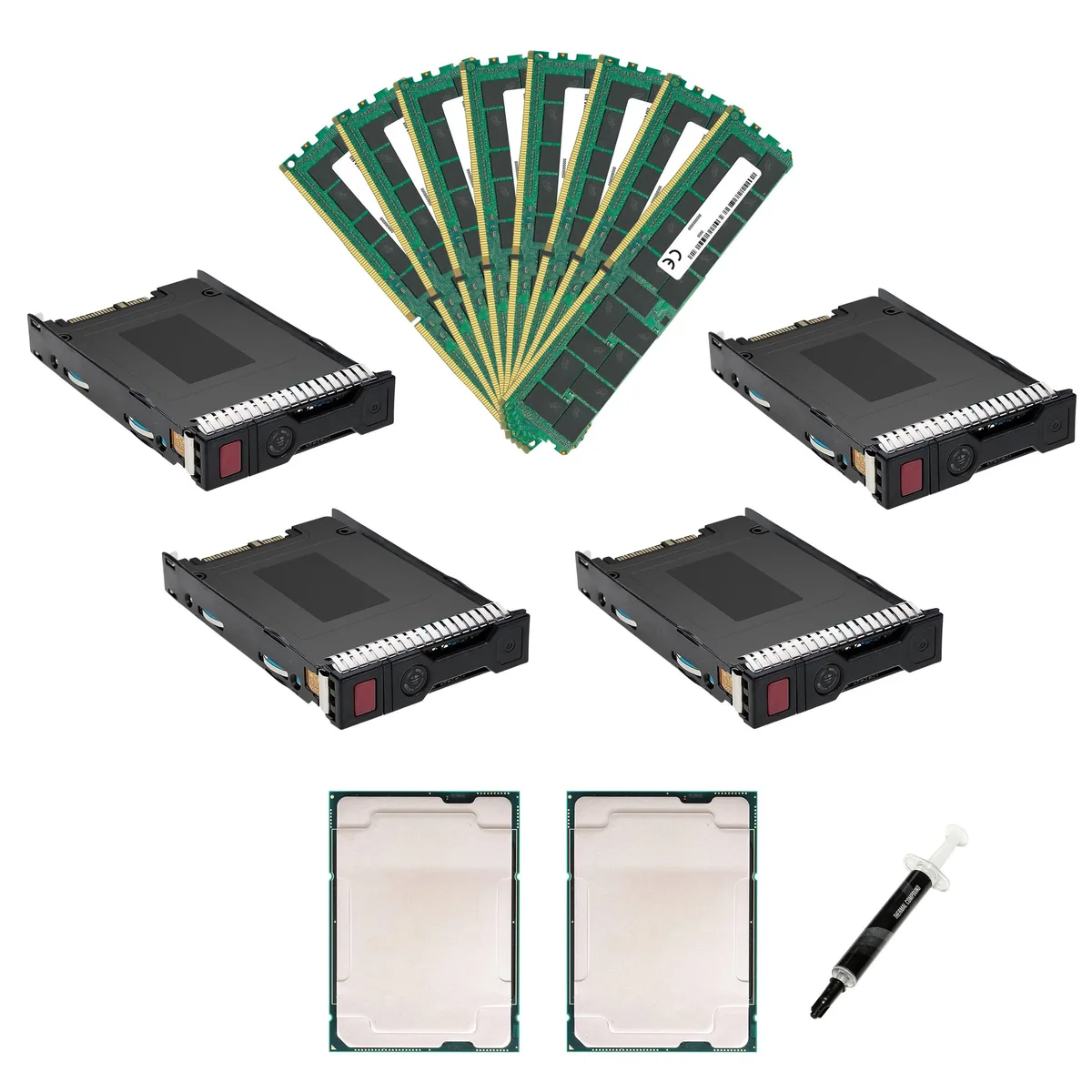 Two Intel Xeon Gold 6148 processors with DDR4 memory modules and SATA SSDs