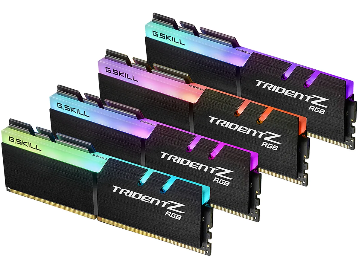 Four black aluminium DDR4 modules with exposed RGB light bars