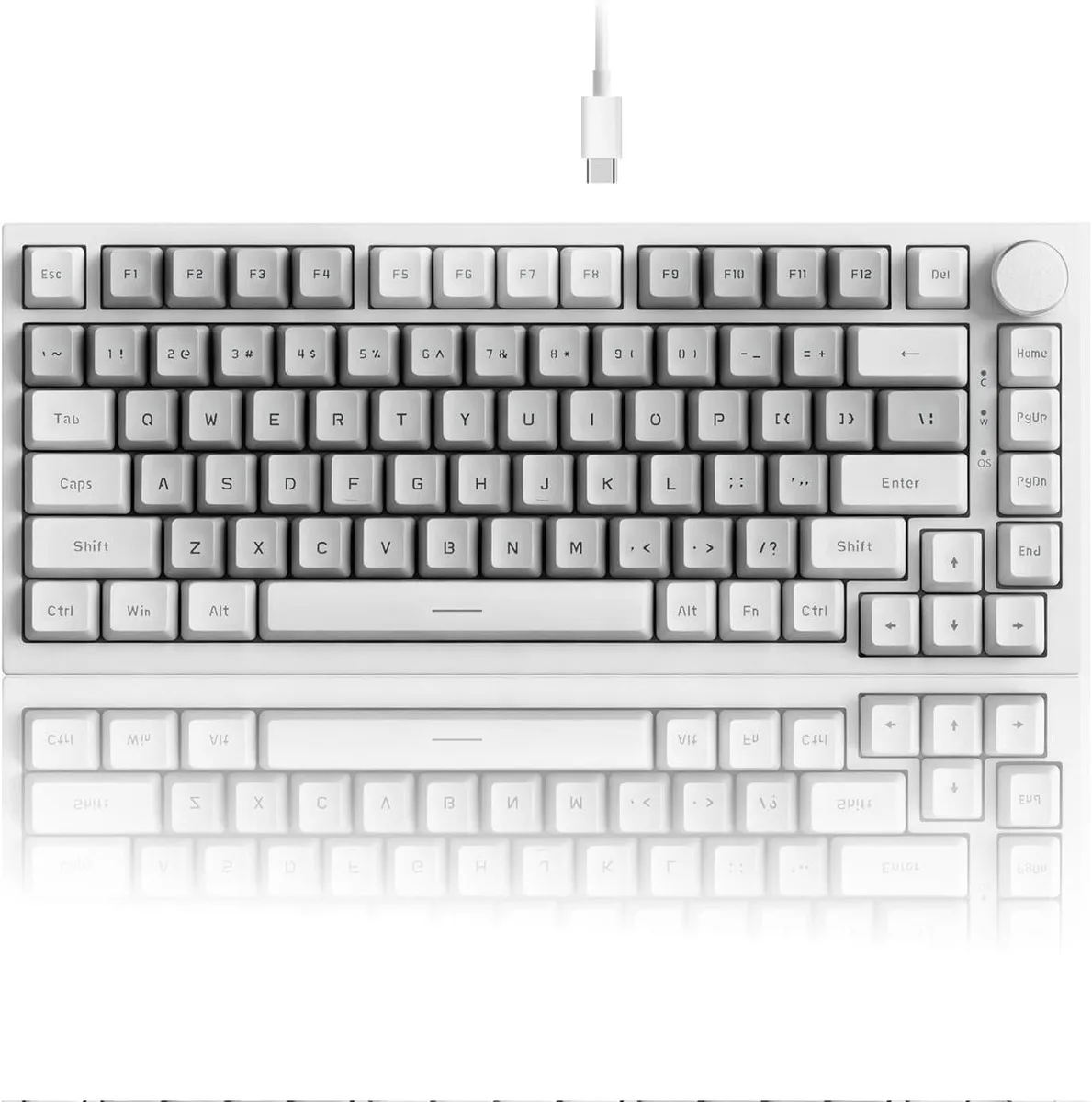 White-grey 75% wired mechanical keyboard with 81 PBT keycaps and a multimedia knob