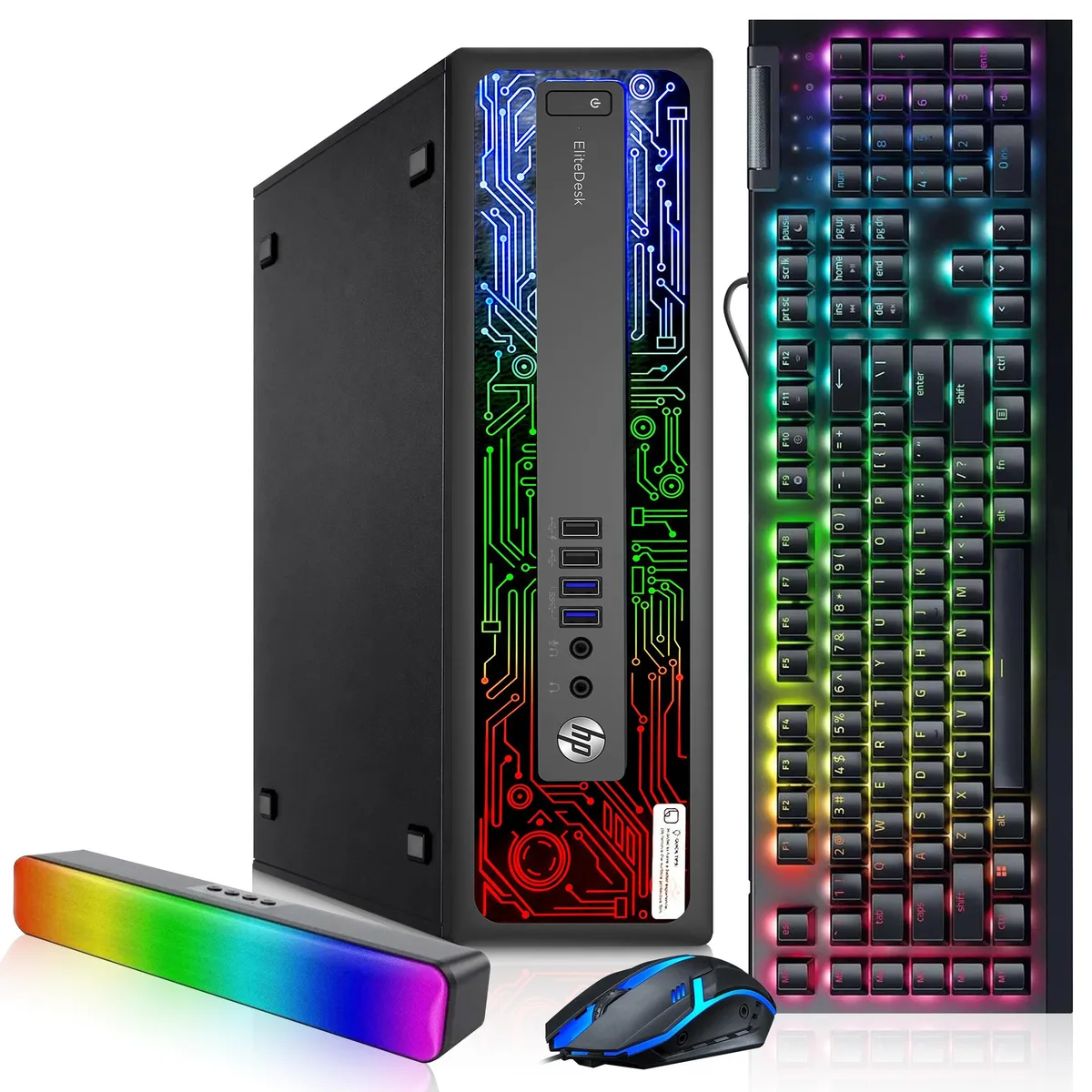 Black HP EliteDesk 800 G2 small-form-factor desktop with RGB keyboard, mouse and sound bar