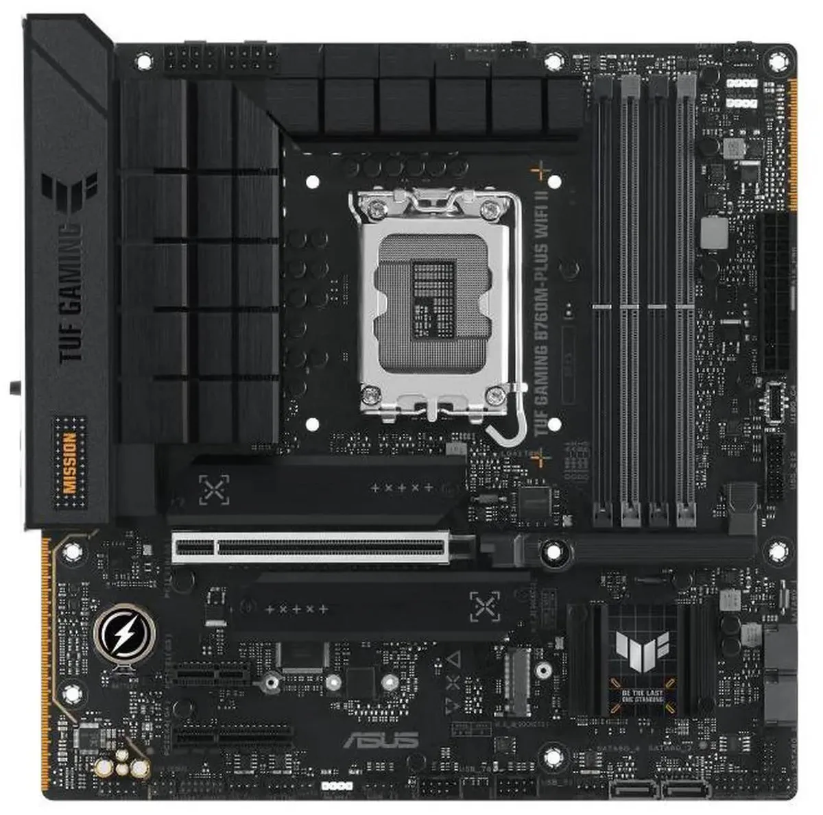 Dark green Micro ATX motherboard with black heatsinks and silver CPU socket visible